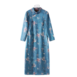 TENAX中年妈妈宽松加大码2025春秋新中式国风收腰桑蚕丝连衣裙