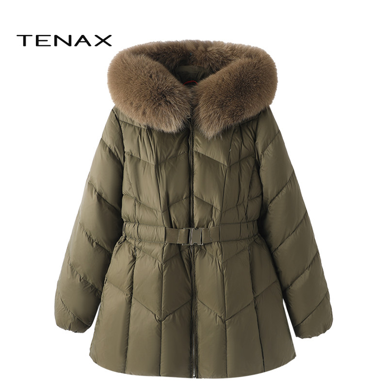 TENAX 2025冬新款宽松大码中年妈妈狐狸毛领连帽90鸭绒加厚羽绒服