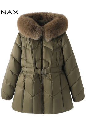 TENAX 2025冬新款宽松大码中年妈妈狐狸毛领连帽90鸭绒加厚羽绒服