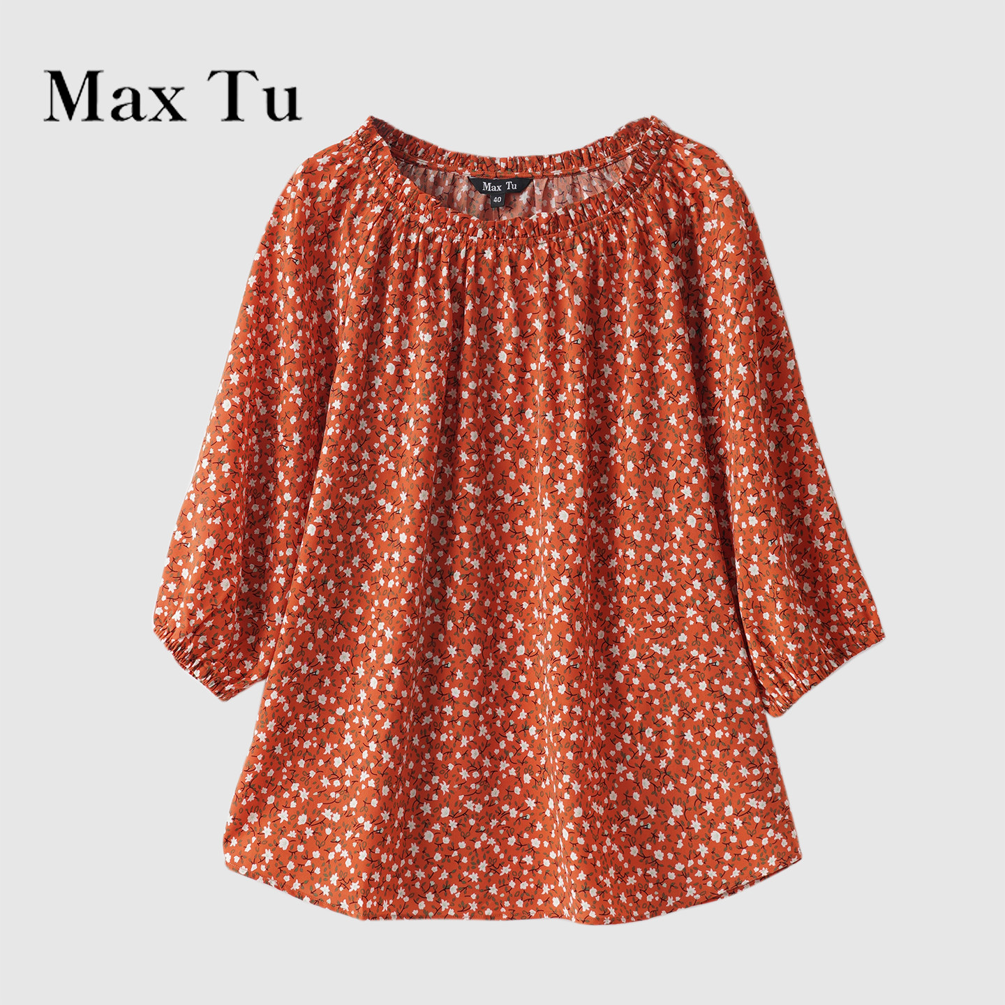 Max Tu折扣店夏休闲风红色碎花七分袖衬衫圆领灯笼袖减龄雪纺上衣