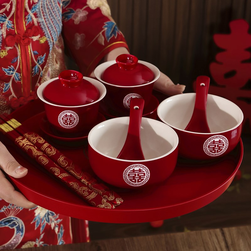 结婚敬茶杯套装婚礼新人改口敬茶具红色喜碗结婚碗筷X一对婚庆用