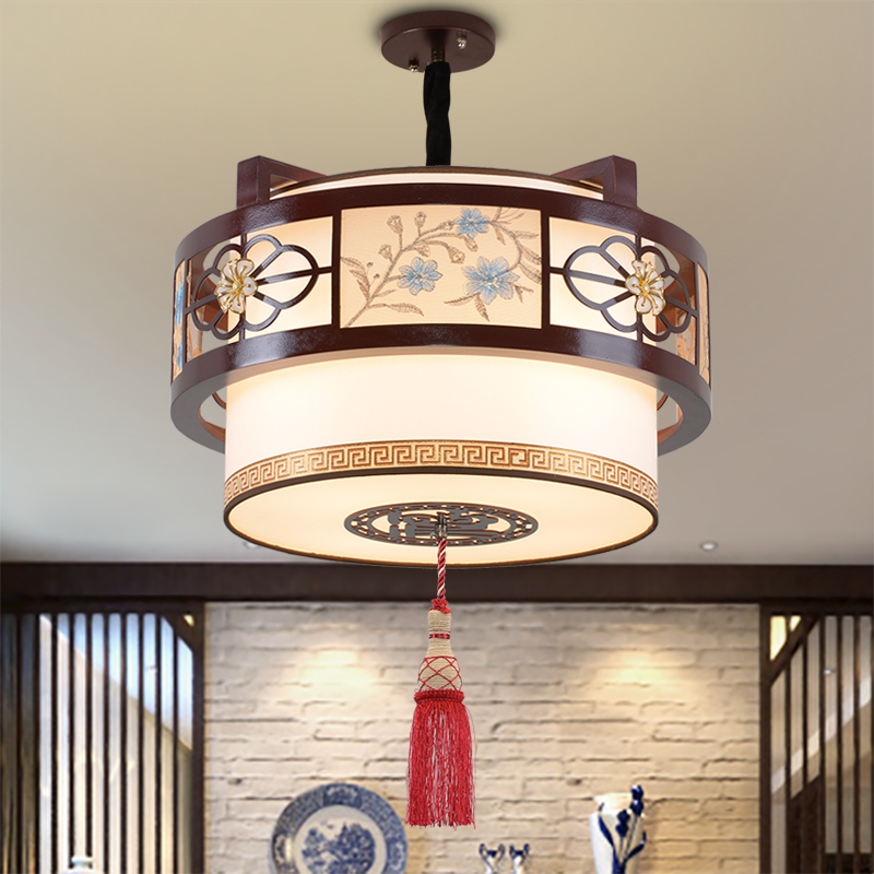 新中式圆形吊灯书房酒店饭厅客厅灯具宴会厅饭店玄关复古木艺灯具