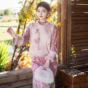 2026新款加绒冬装国风新中式长袖改良旗袍冬季厚款马甲两件套