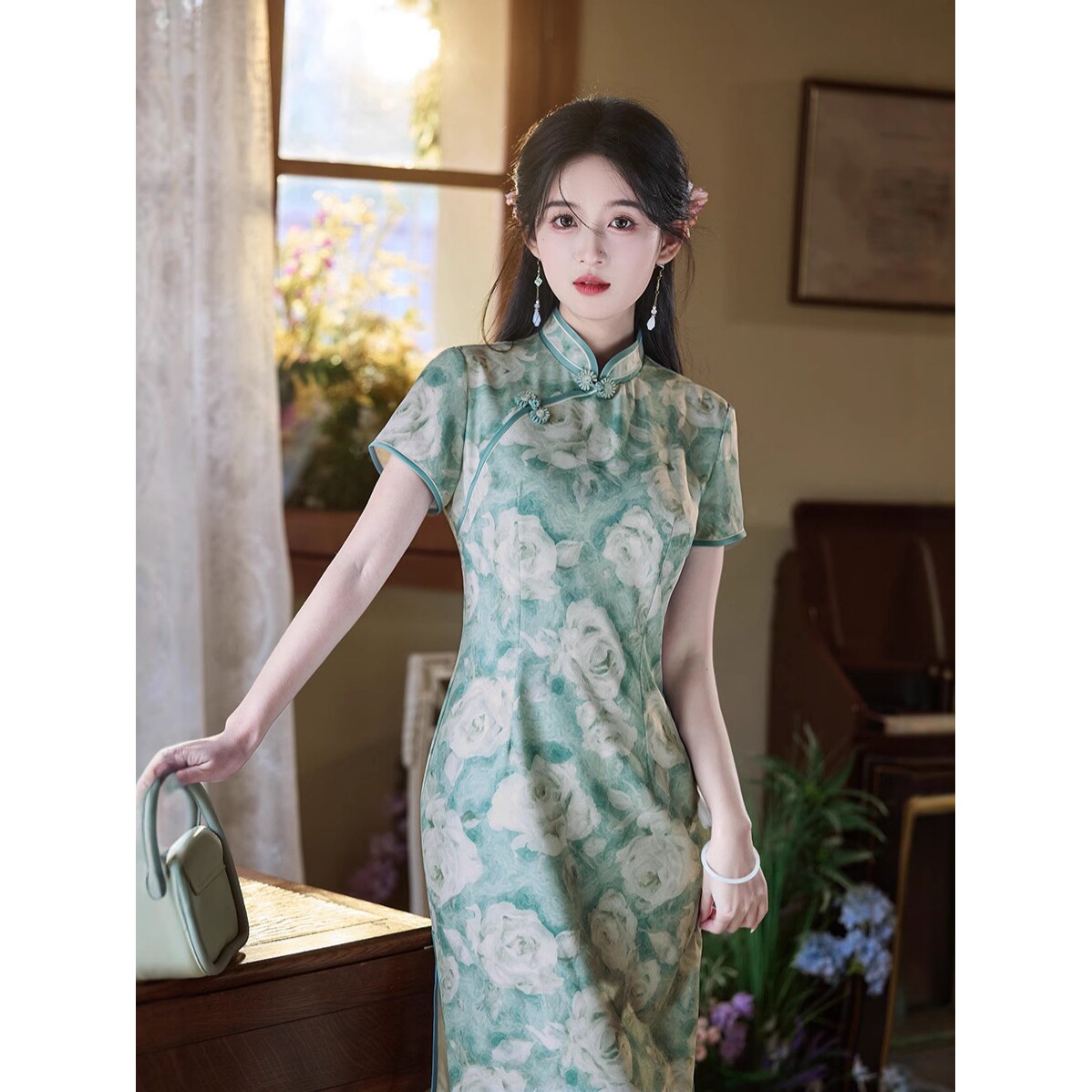 2026新款春夏蓝色旗袍改良日常淑女中长款小个子女生清新国风