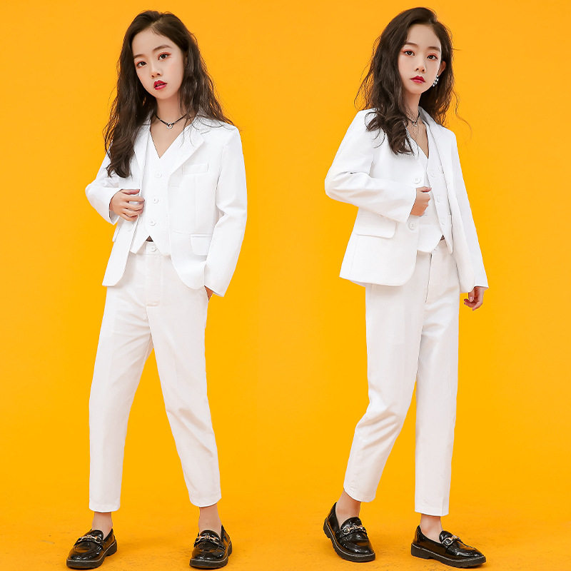 2026新款儿童西装白色男女童纯色西服套装时尚花童礼服主持演出服