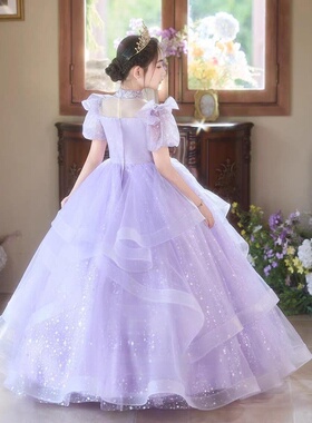2025新款儿童紫色公主裙花童婚礼主持人晚礼服女童生日宴会钢