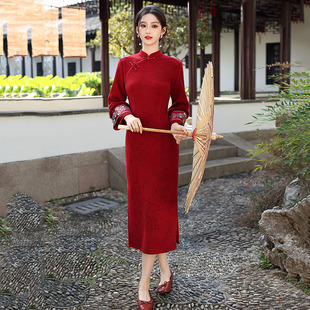 2026新款红色加绒冬装国风新中式长款长袖旗袍冬季厚款改良年
