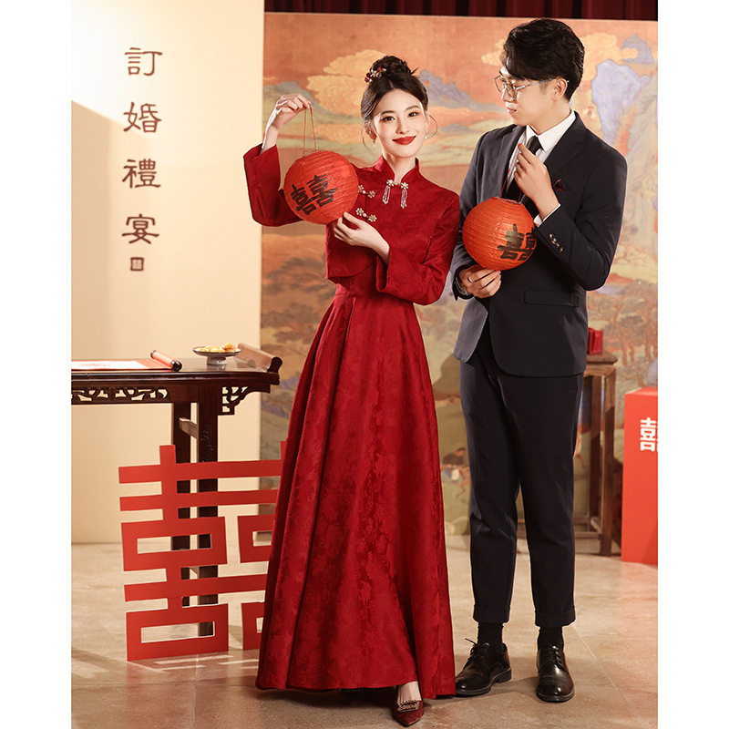 2026新款新中式旗袍敬酒服新娘红色订婚套装出阁长袖礼服连衣裙高