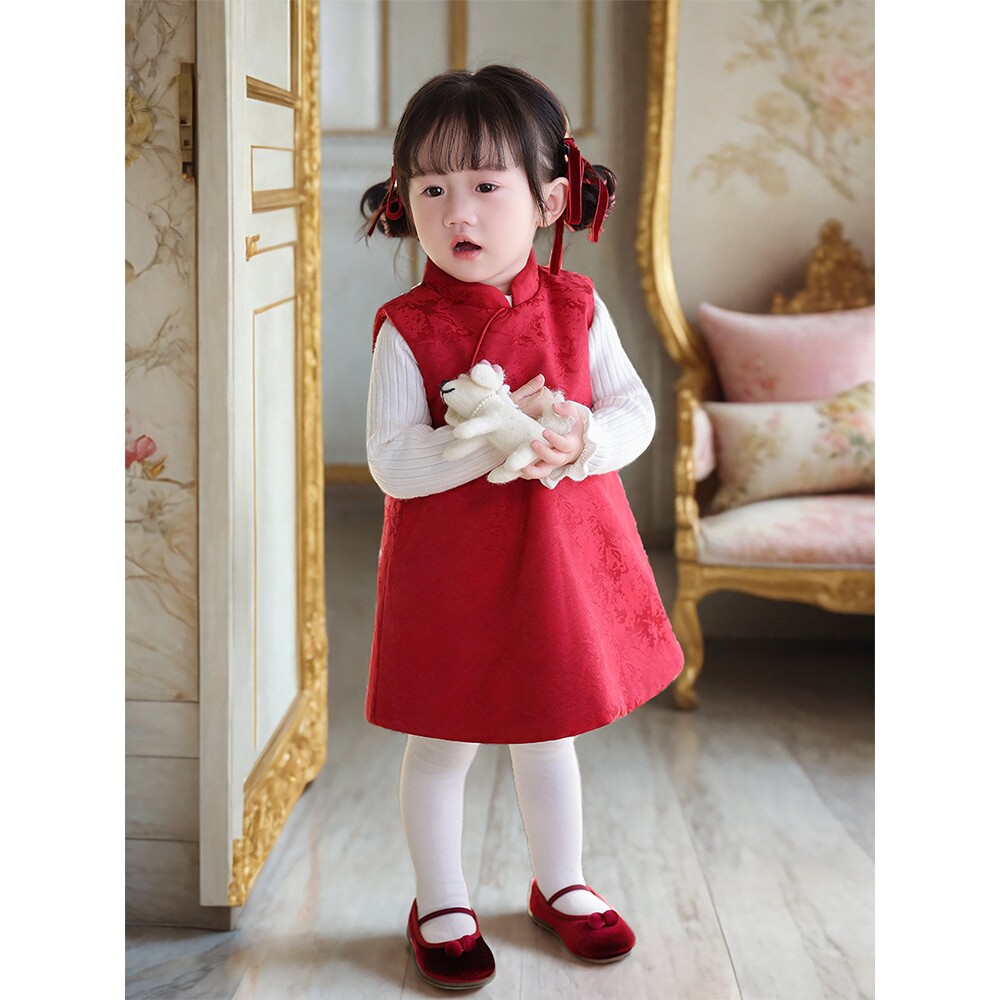 2026新款女童裙子春款中国风女童裝拜年红色喜庆旗袍背心中小