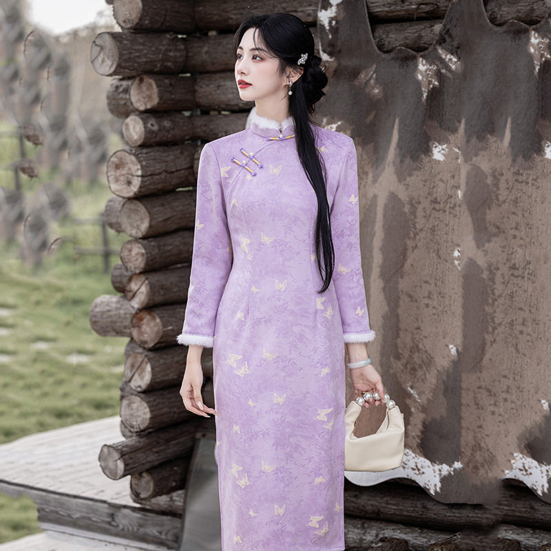2026新款紫色加绒加厚冬装国风新中式长款长袖改良旗袍年轻款
