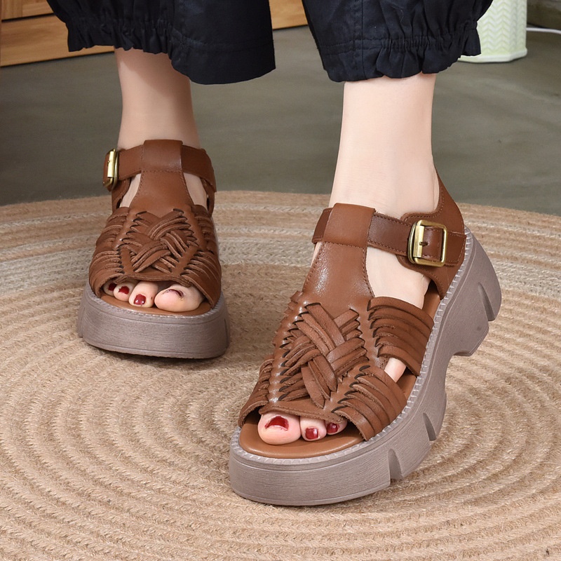 2025新款龍林夏季手工凉鞋女韩版厚底凉鞋真皮圆头厚底一脚蹬