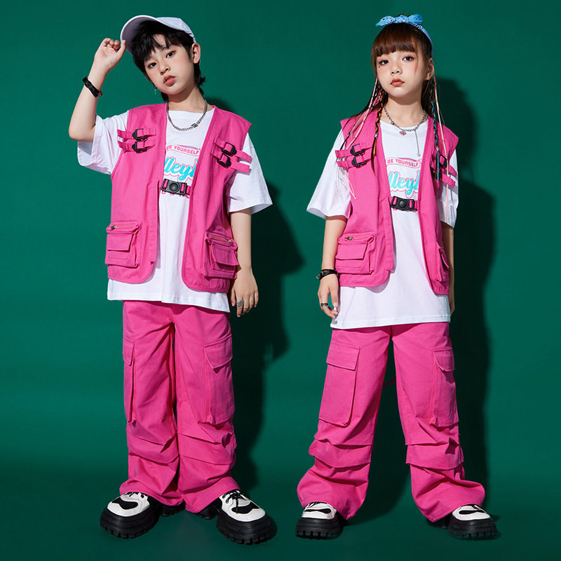 2026新款少儿hiphop街舞潮牌童装嘻哈帅气潮服玫红色马甲三