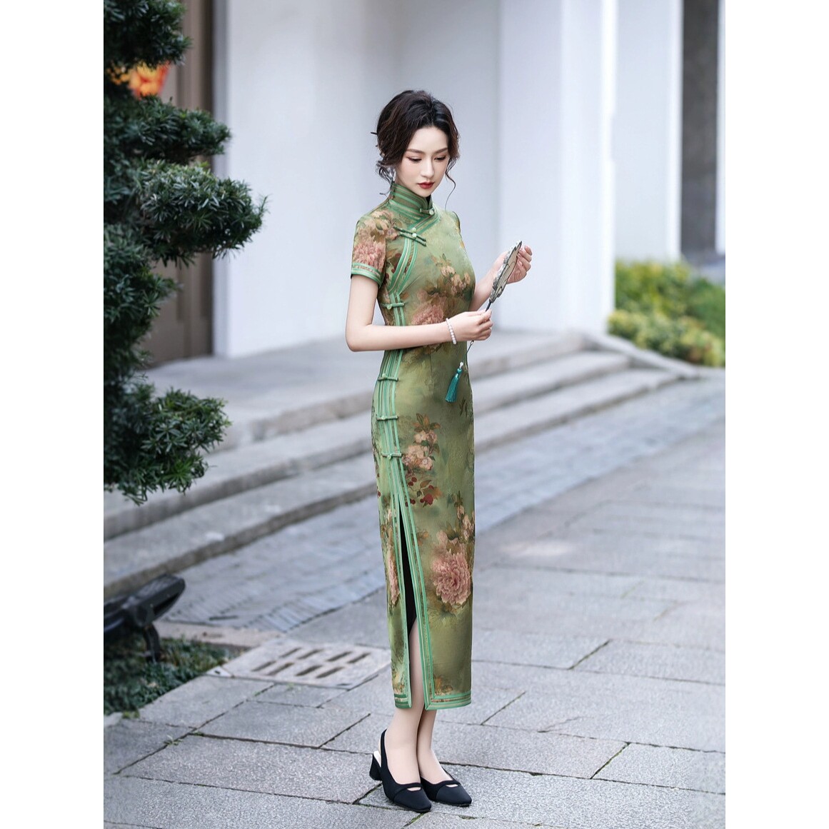 2026新款长款短袖修身复古绿牡丹日常年轻妈妈老上海中国风旗袍裙