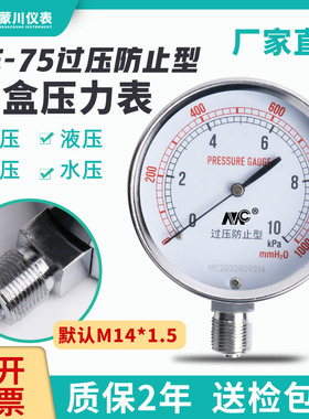 YE-75膜盒压力表过压防止型微压表0-40kpa沼气燃气表千帕表