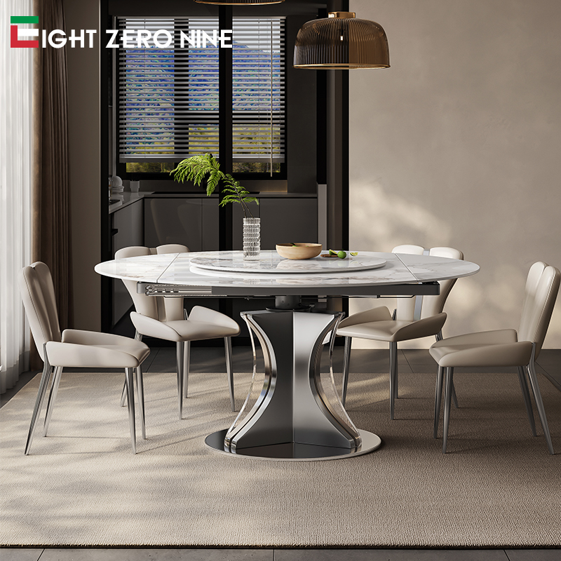 意式旋转岩板餐桌家用小户型变形可伸缩折叠现代简约餐桌椅组合