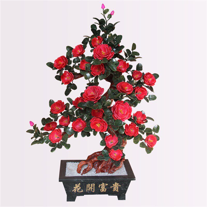 大型玉石38朵红牡丹花玉器盆栽客厅玉雕盆景工艺品茶楼会所摆件