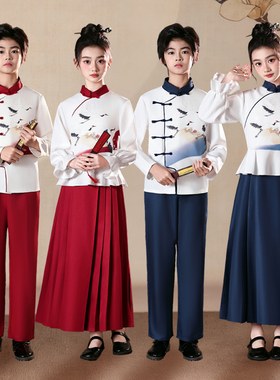 元旦儿童合唱演出服中国风红色诗歌朗诵比赛中小学生古风表演服装