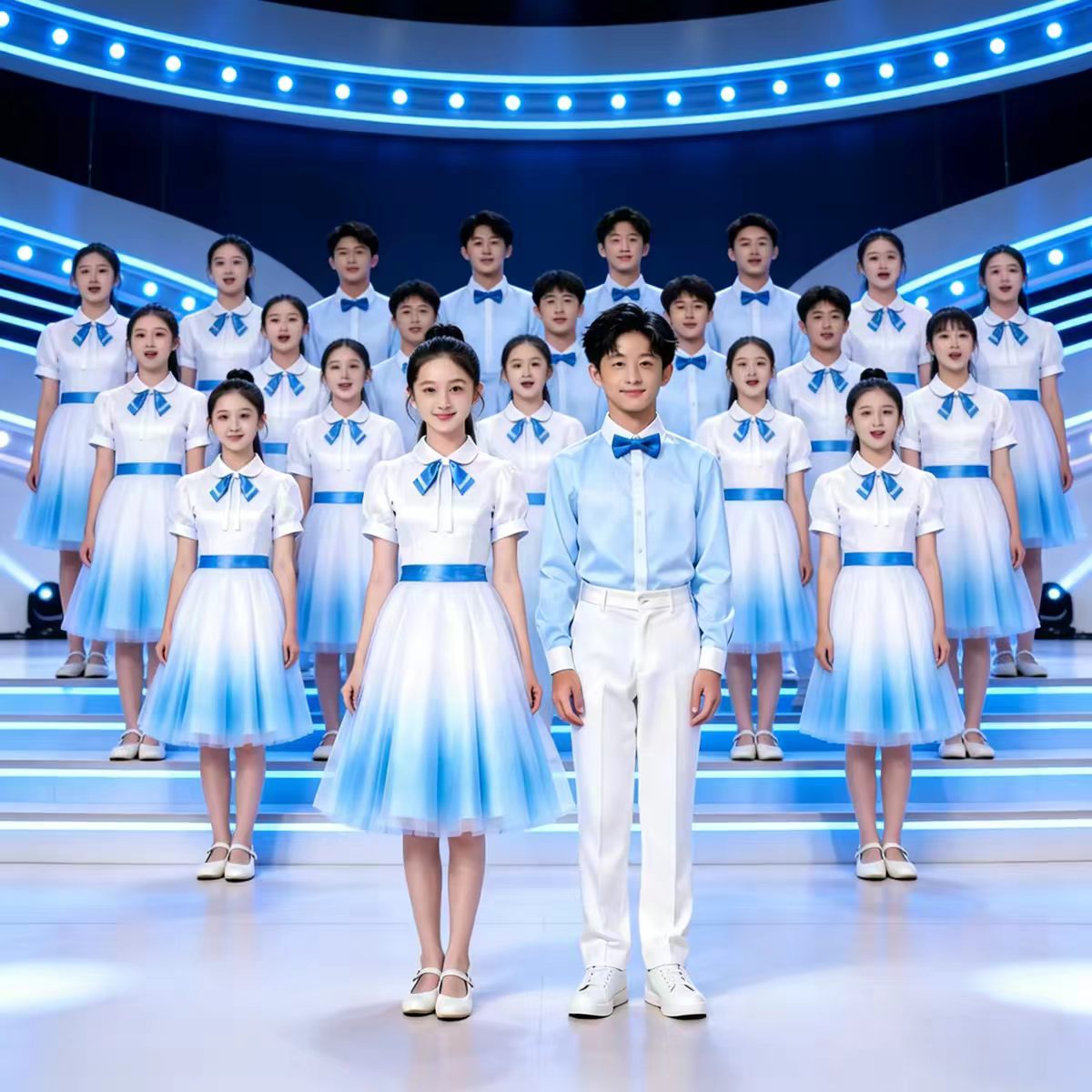 儿童合唱演出服诗歌朗诵比赛蓝色演讲爱国男童女童中小学生表演图片