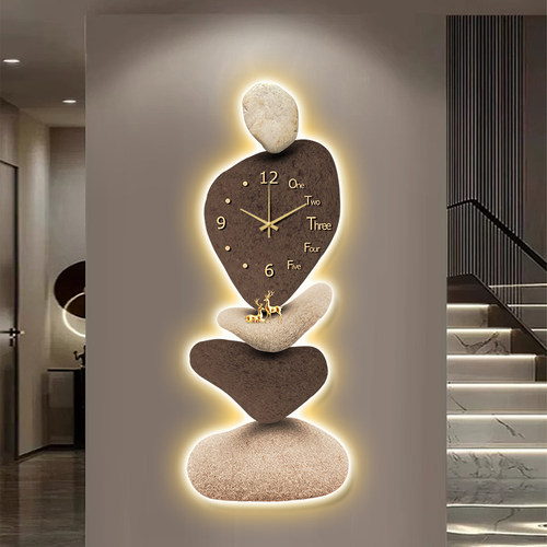 石来运转客厅玄关装饰画带钟表发光灯画入户进门墙壁画寓意好挂画