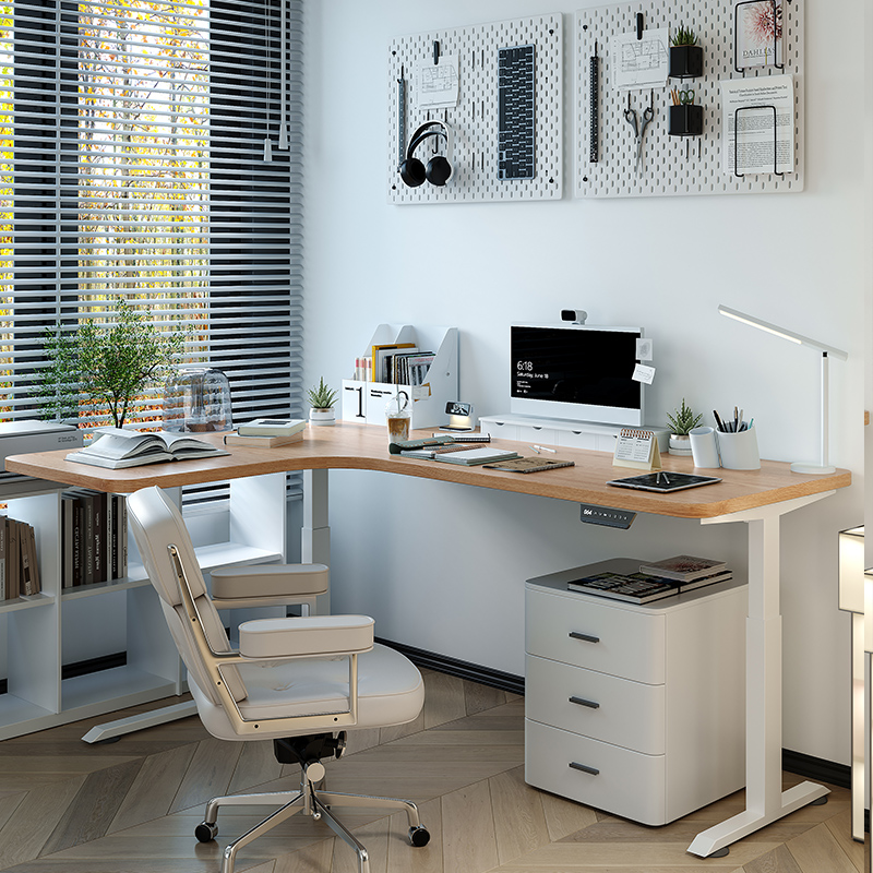 原木色转角升降书桌L型书房电动电脑桌实木拐角学生书桌家用