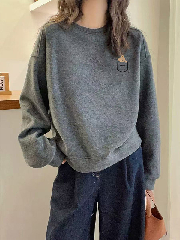European round neck fleece lined thickened gray hoodie for women 2025 autumn and winter loose high-end heavy pure cotton fashion top