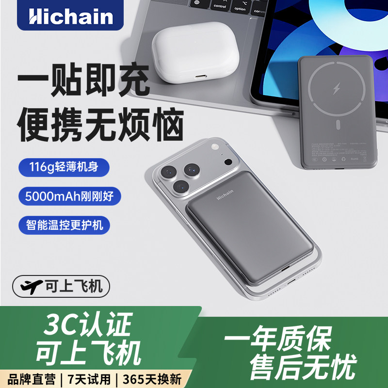 Hichain和昌磁吸充电宝3C认证可上飞机超薄便携迷你2026新款适用苹果iPhone17/16兼容Magsafe无线充电宝快充