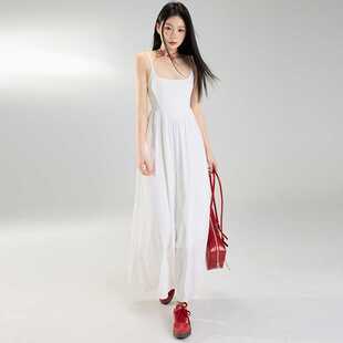 包邮夏季温柔领吊带连衣裙女纯色收腰字长裙韩系初恋小白裙
