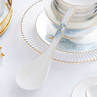 家用骨瓷圆形大汤勺盛粥勺餐具大调羹手工描金轻奢长柄陶瓷大勺子