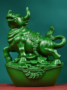 绿色木雕牛摆件实木十二生肖牛气冲天家居客厅办公桌面装饰工艺品