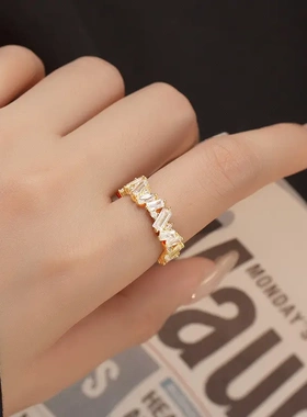 铜镀金超闪锆石轻奢戒指不规则几何排钻食指戒高级感ins风