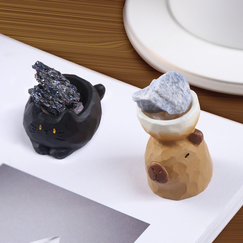 热卖木雕风小动物PAI盲盒盲袋天然水晶原石好运桌面摆件礼物