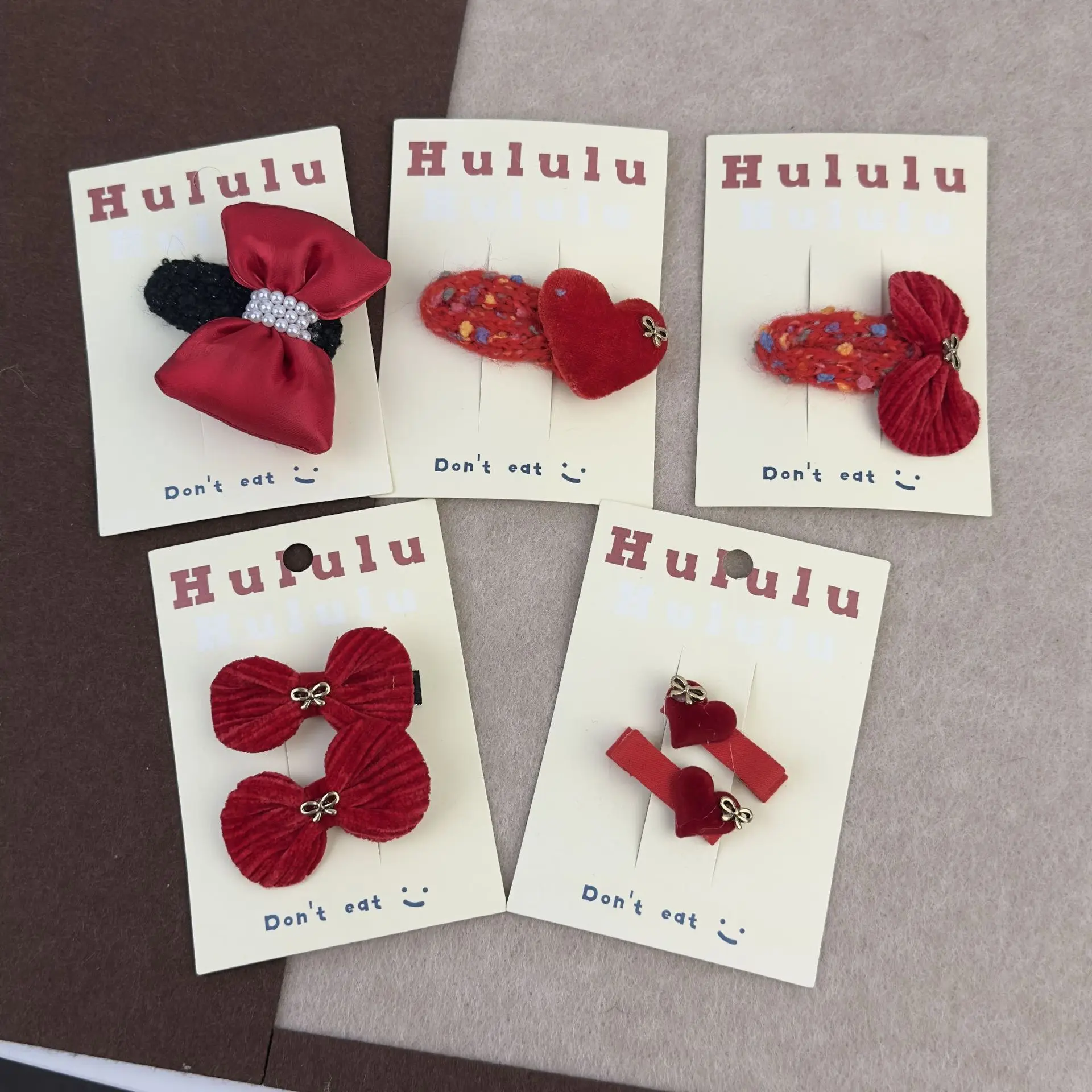 新年款丝绒珍珠爱心结红色发夹套装少儿可爱bb夹发绳发圈发饰