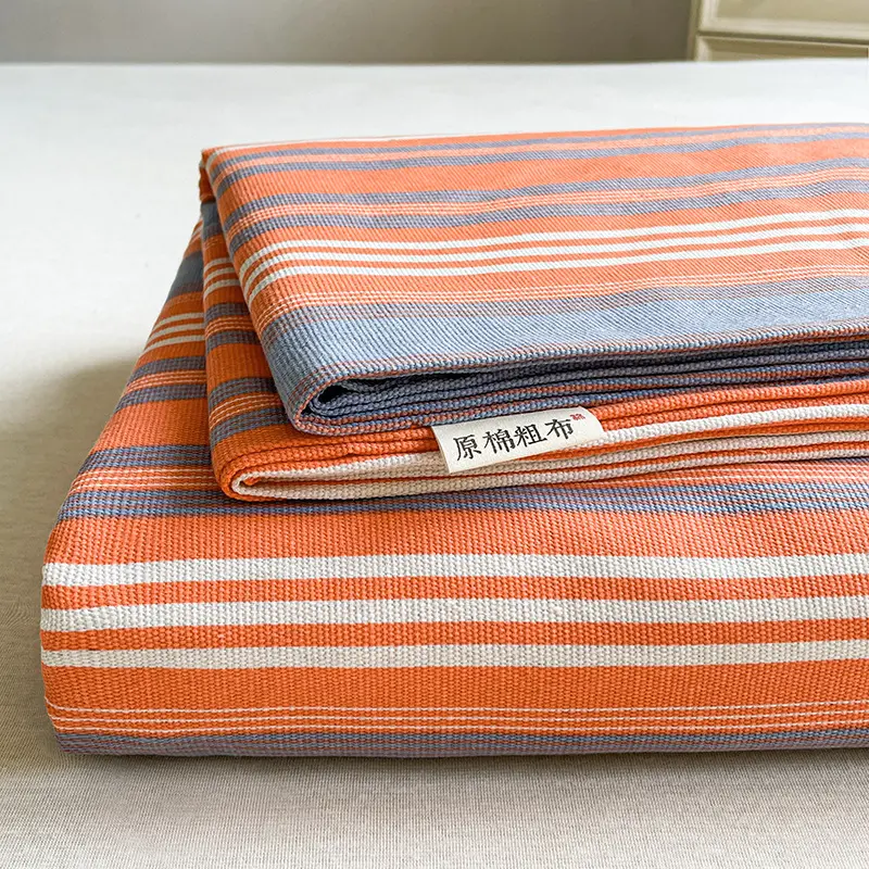 条纹格子加厚老粗布床单家用单双人学生宿舍被单三件套老粗布枕套