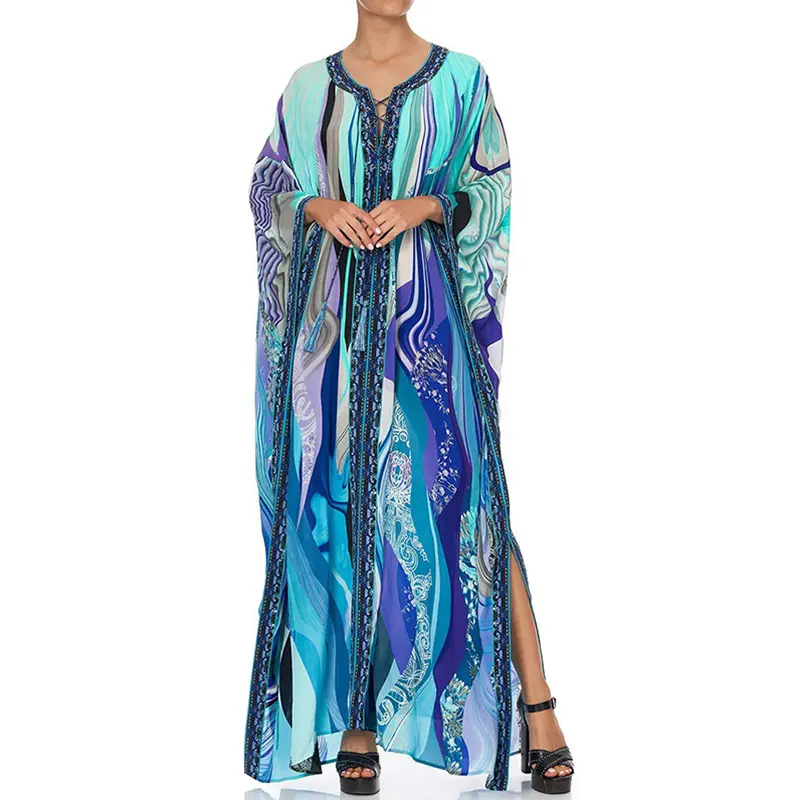 新款欧美四面弹蓝色花沙滩罩衫度假长裙外罩衫防晒衫女