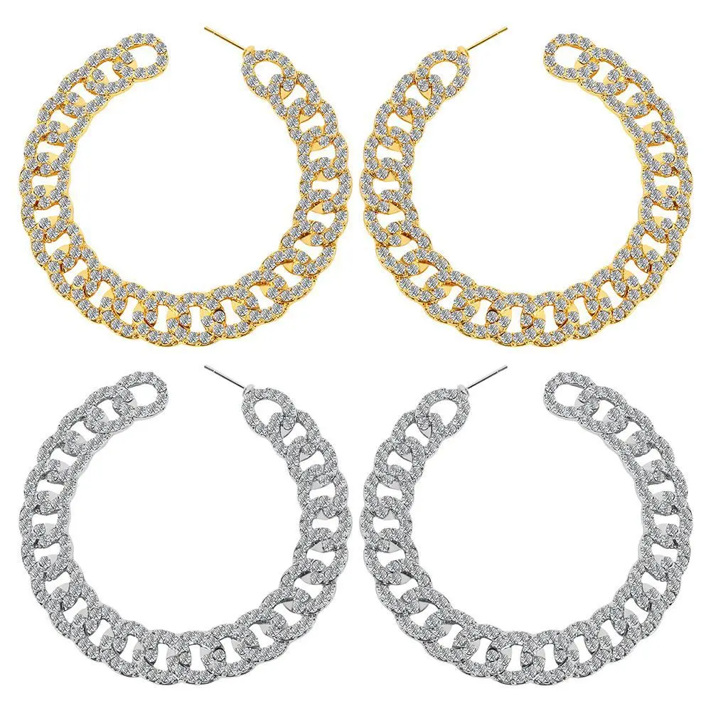 爆款夸张C字镂空满钻圆圈麻花扭曲耳环时尚个性古巴链耳环