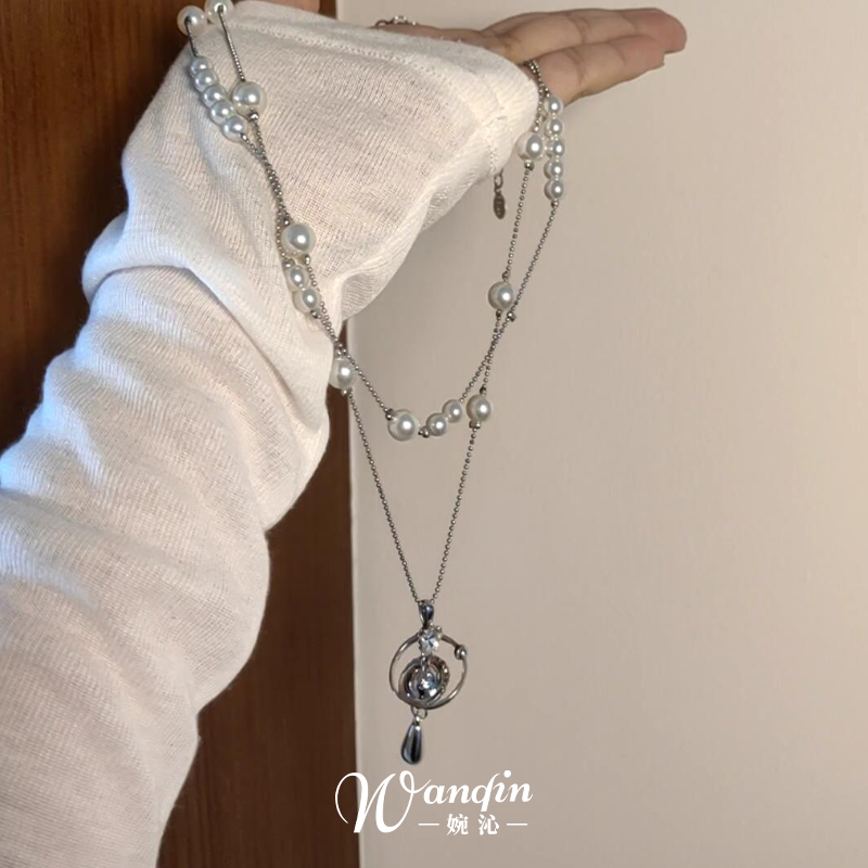 法式复古双层仿珍珠星球项链女