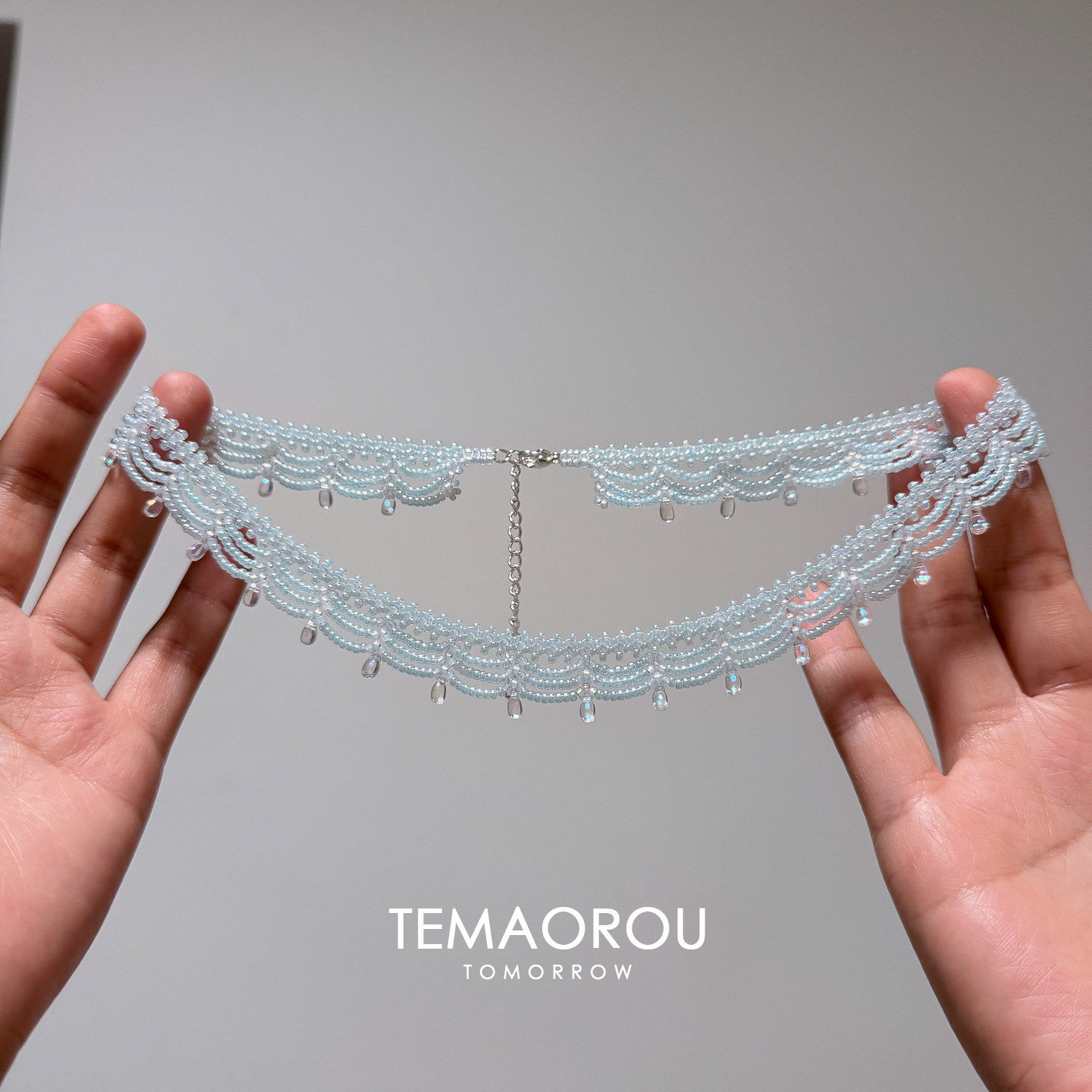 法式复古蓝色串珠蕾丝项链女款独特百搭choker颈链小众锁骨链配饰