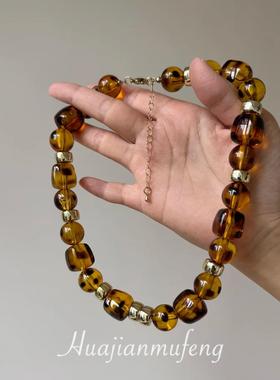 美拉德复古豹纹串珠项链女