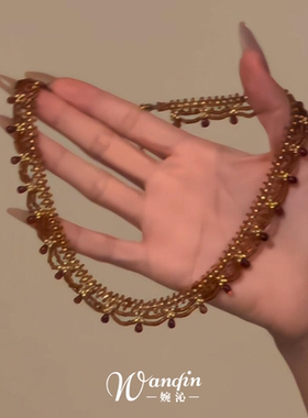 新中式复古棕色蕾丝串珠项链女