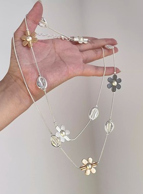 甜酷风撞色叠戴花朵项链女吊坠