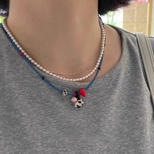 可爱奶牛蓝色串珠项链女颈链
