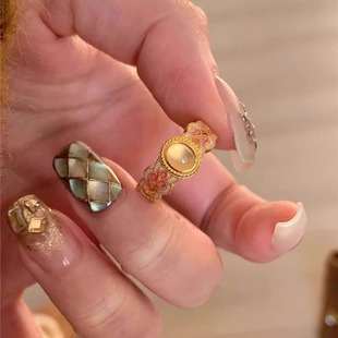 桃之夭夭粉金珐琅戒指女轻奢小众设计高级感食指戒新中式国风指环