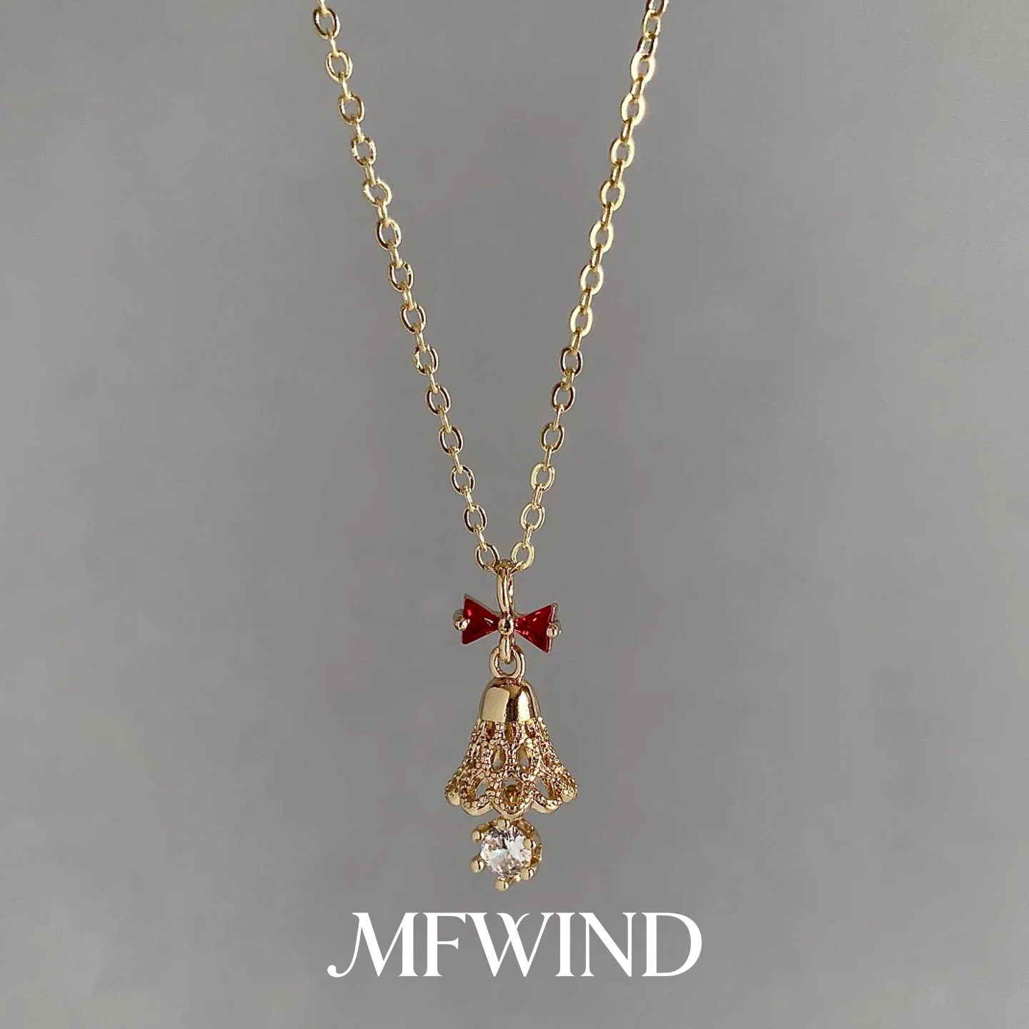 圣诞限定！金色蝴蝶结铃铛项链女