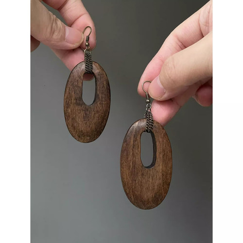 中古木质镂空几何耳环女