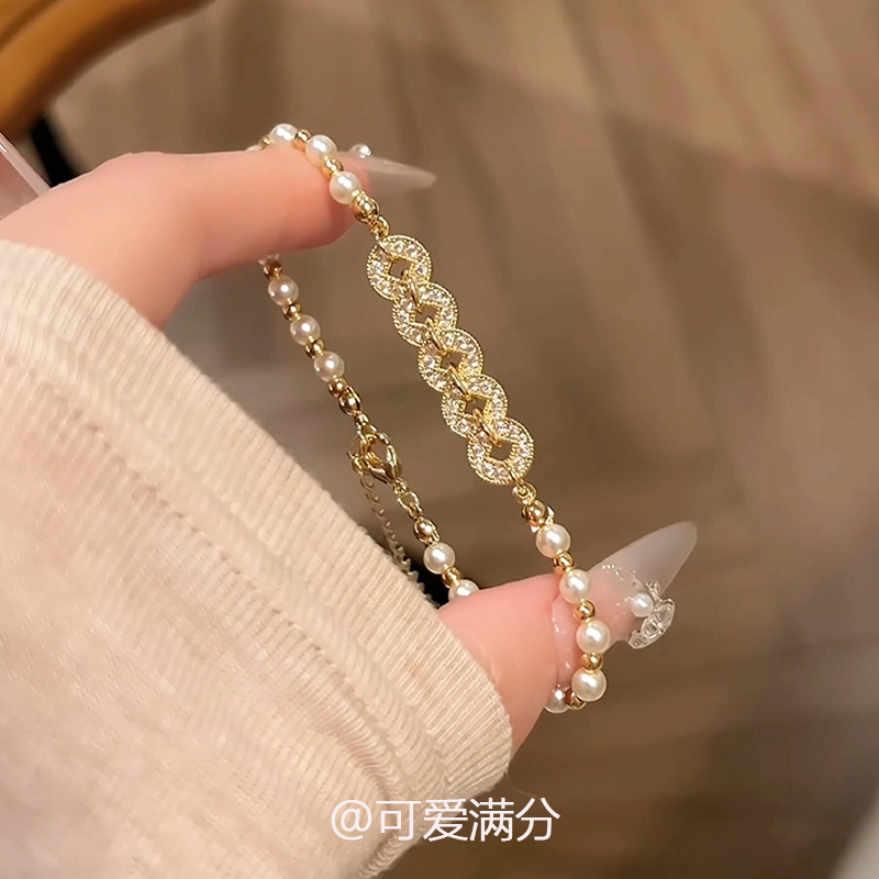 金色爆闪五帝钱仿珍珠手链女