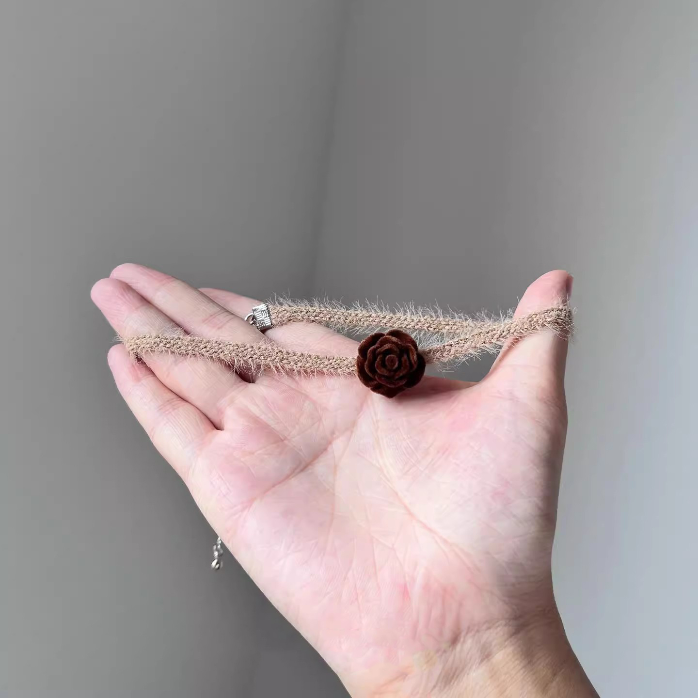 法式复古毛绒编织玫瑰花项链女