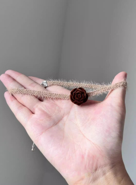 法式复古毛绒编织玫瑰花项链女