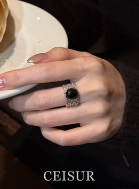 中古vintag黑色仿虎眼石镂空戒指