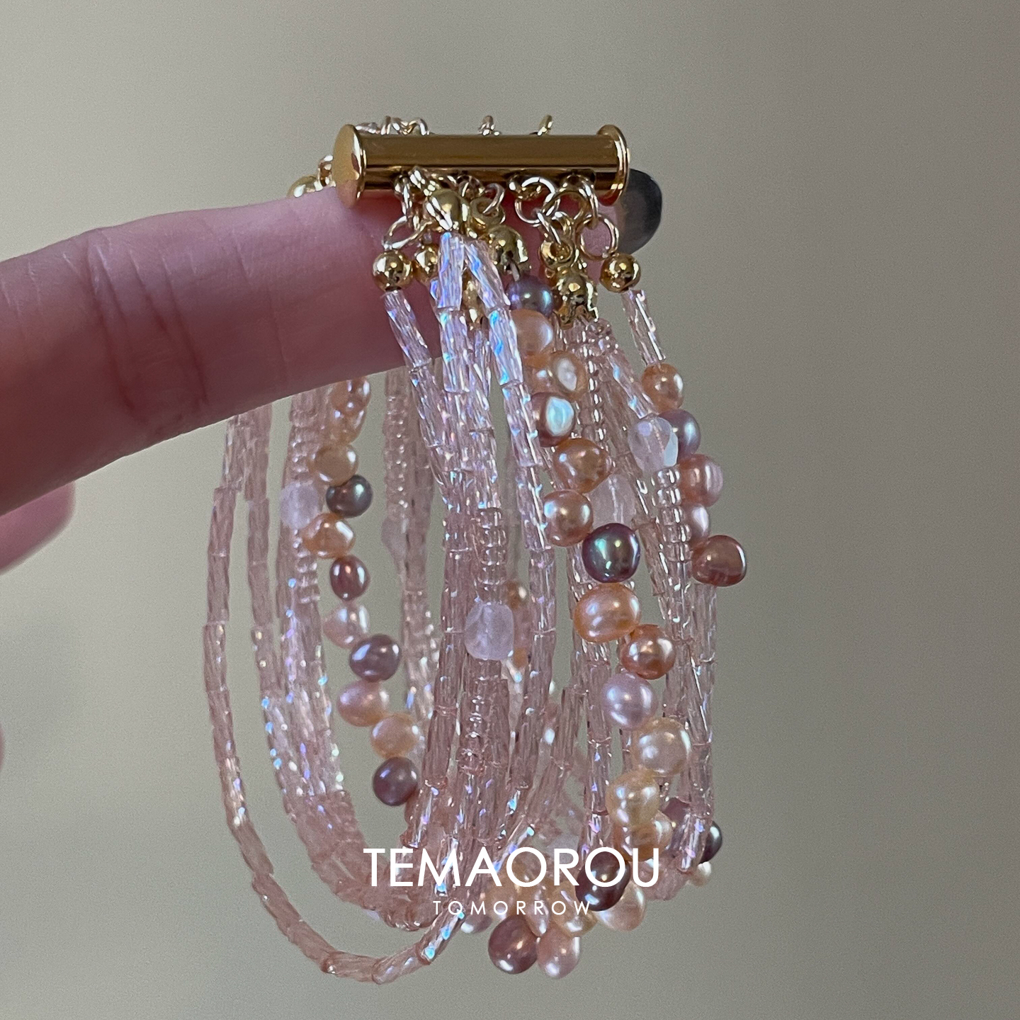 法式甜美粉色仿珍珠串珠手链女