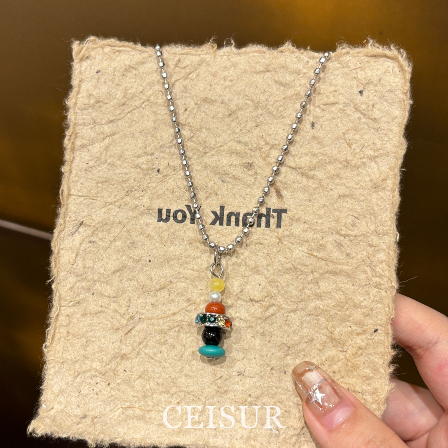 复古彩色串珠许愿塔吊坠项链女